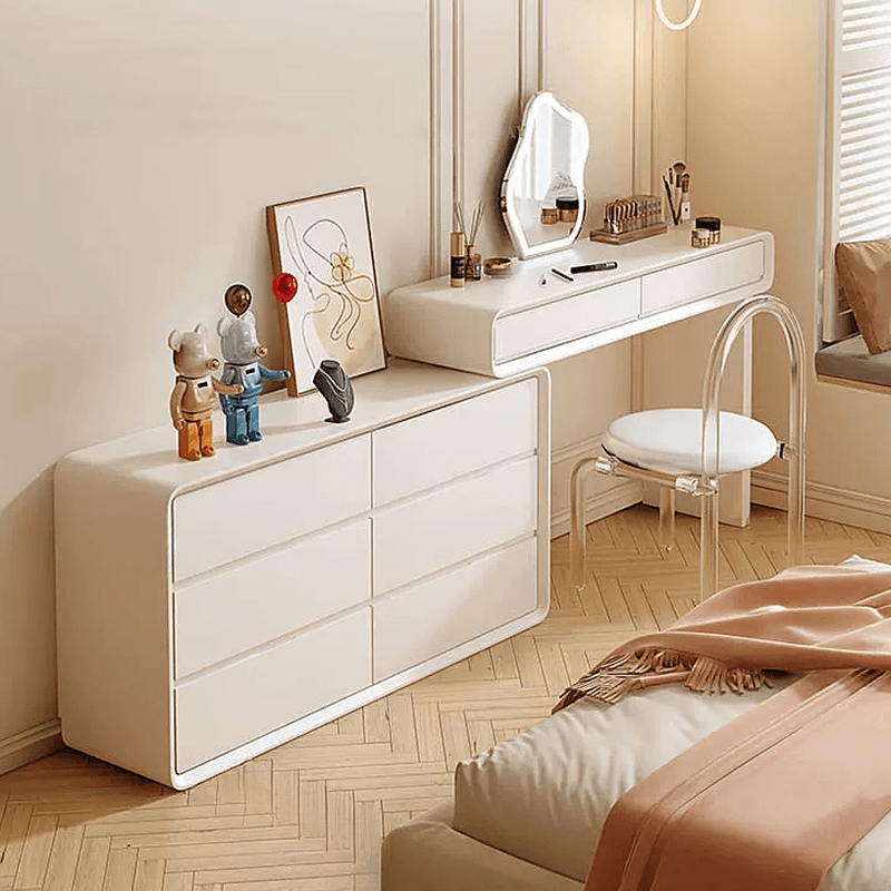 Standard Length Vanity Set with Upholstered Chair in Chalk, Synthetic Frame, and Lighted Mirror Including Seat