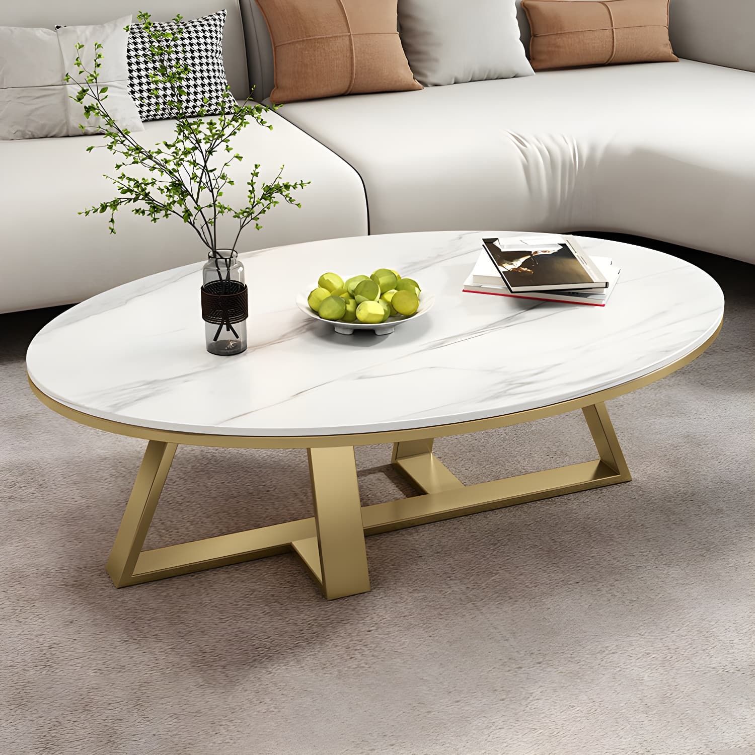 Metal Cross Legs Cocktail Table Luxurious Oval Stone Top Coffee Table