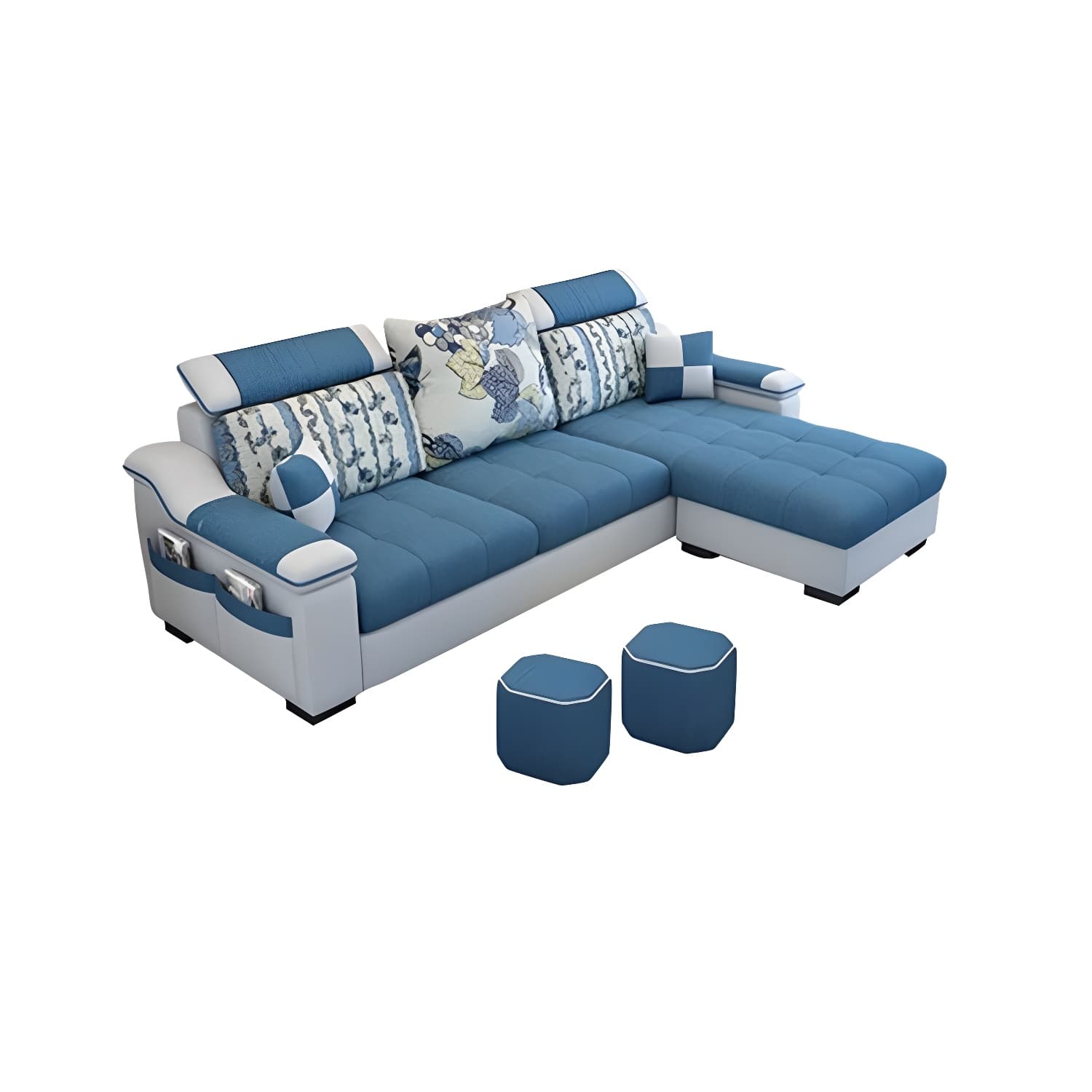 Modern Reversible Straight Sectional Sofa with Ottoman in Linen Upholstery, Sloped Arms