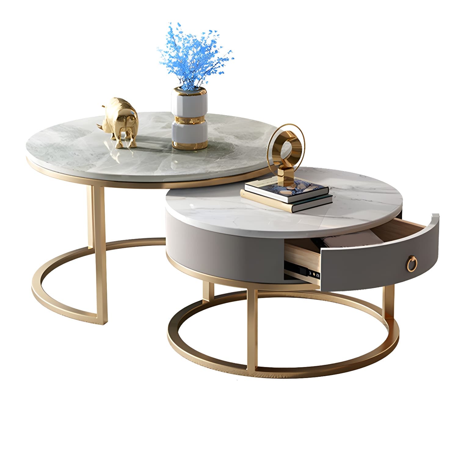Slate Round Frame Coffee Table Modern Nesting Coffee Table Set with Drawer - image 8