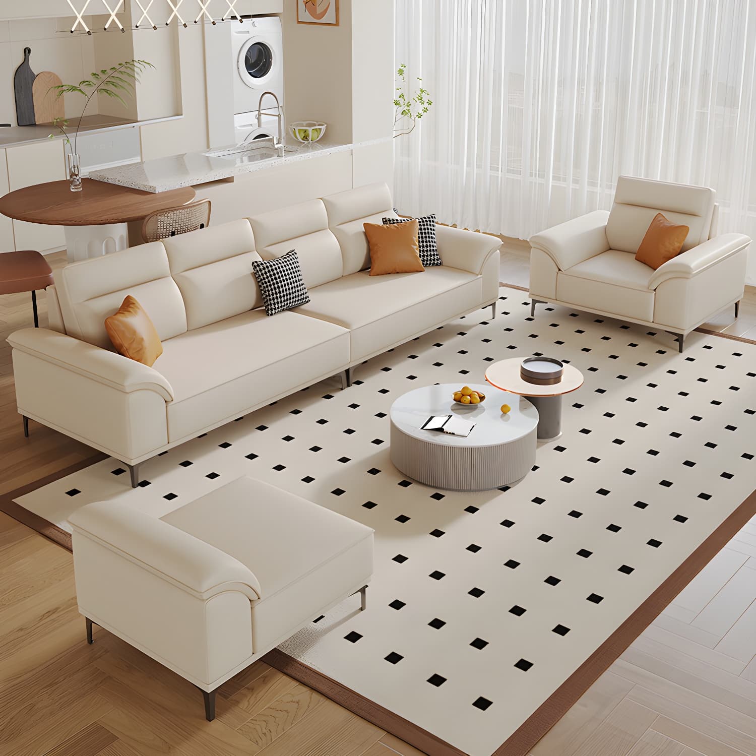 Modern Beige Faux Leather Sofa with Ottoman Included - Pillow Top Arm and Cushion Back