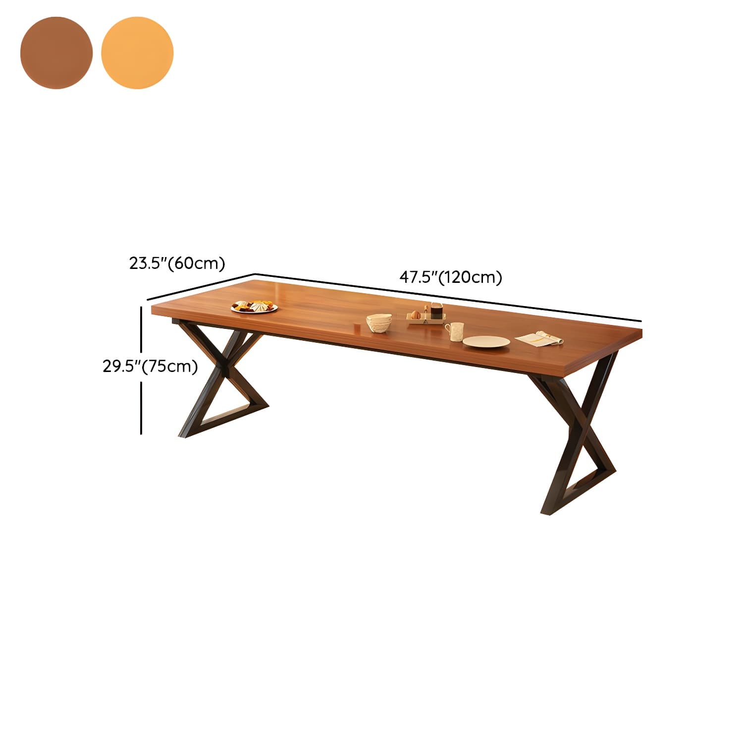 Brown Wood Rectangle Modern Dining Table with Double Black Metal Pedestal Base - image 12