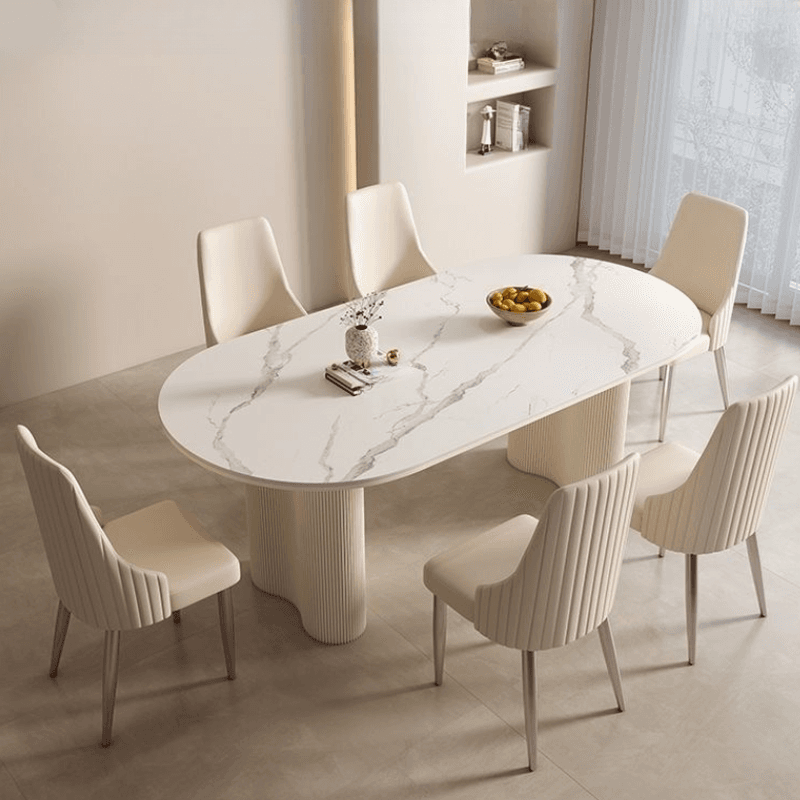 Modern Simple Style Oval Slate Dining Table Set with Dual Footing, Solid Back Panel in Chalk Color - image 10