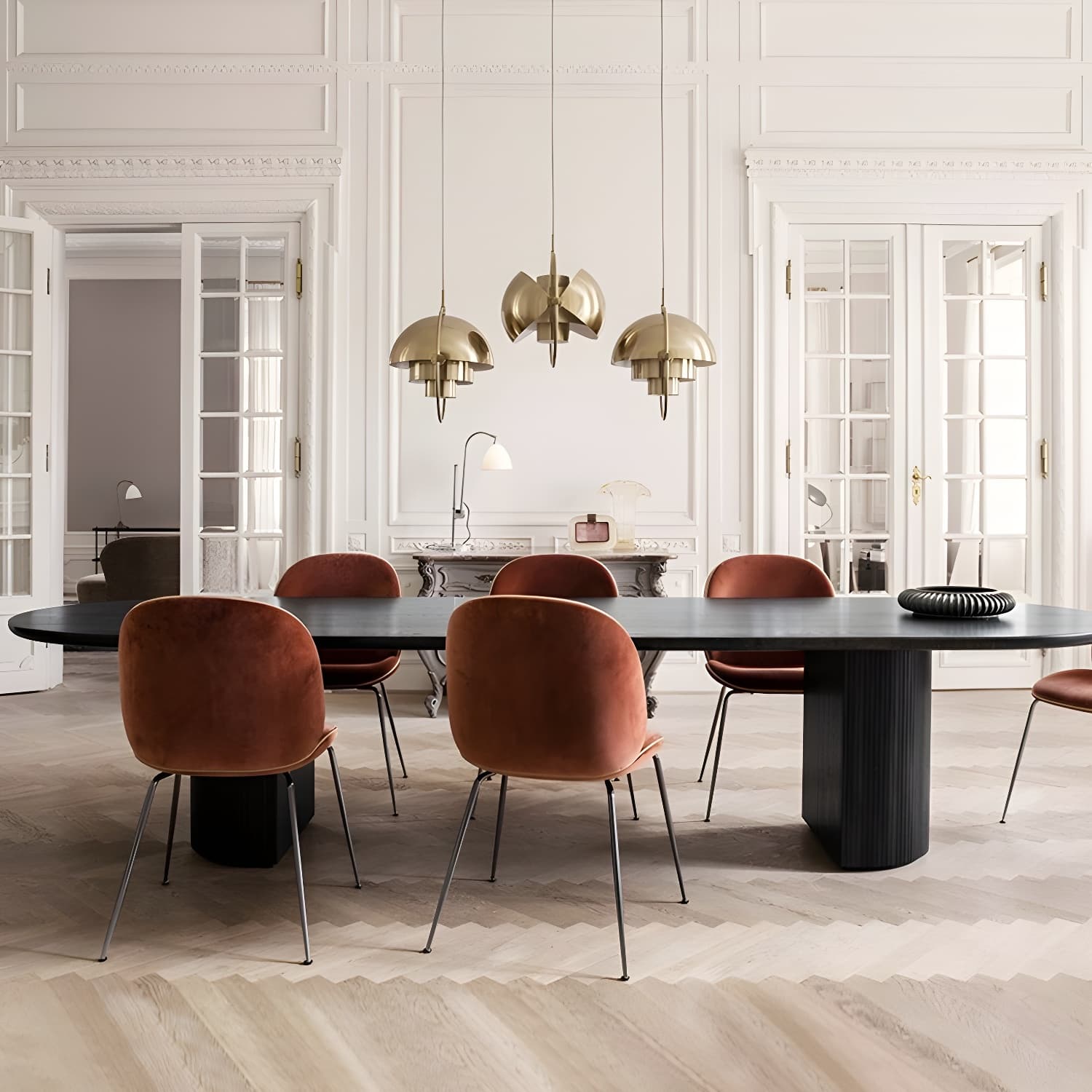 Modern Pine Wood Table for Restaurant Black Dining Table with Double Pedestal - image 3