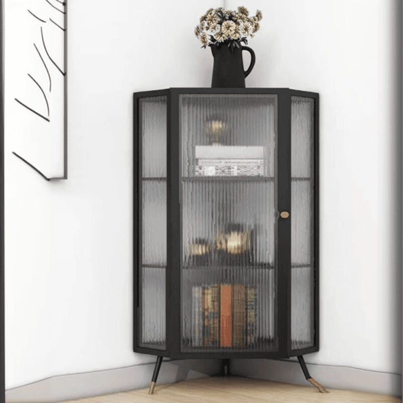 Contemporary Corner Utility Cabinet with 1 Cabinet, Iron Countertop, Glass Door, Pull Knobs, and Black/White/Off White Top - image 6