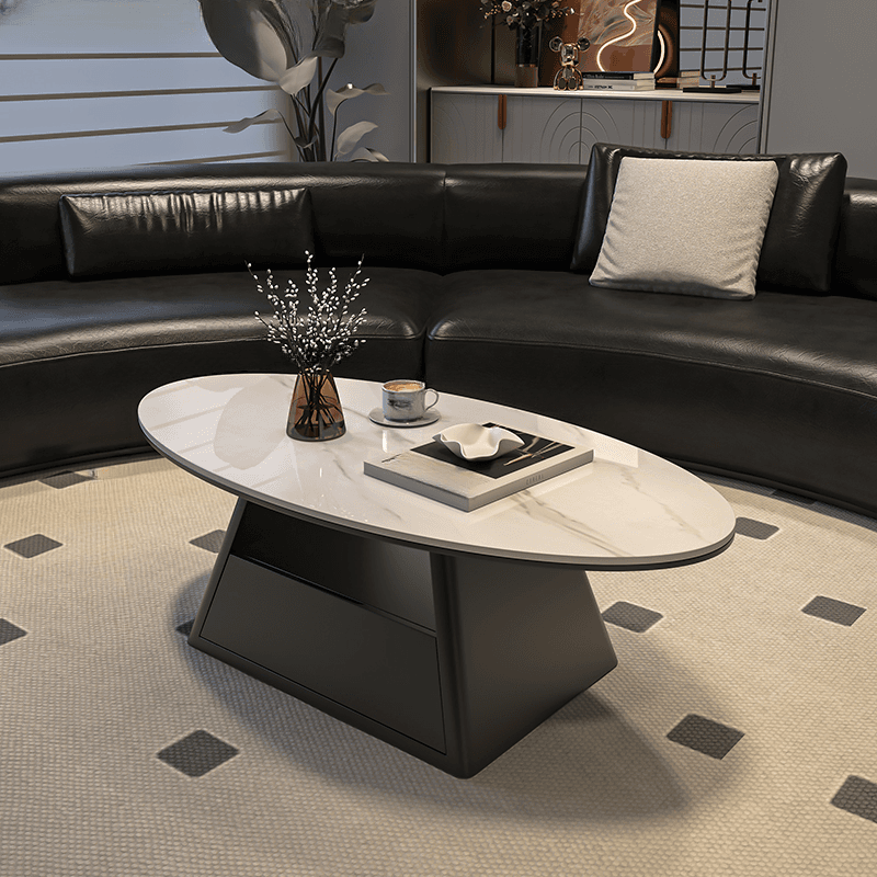 Single Board Game Coffee Table with Slate Top and Base, Elliptical Shape, 1 Drawer, and 1 Shelf - image 3
