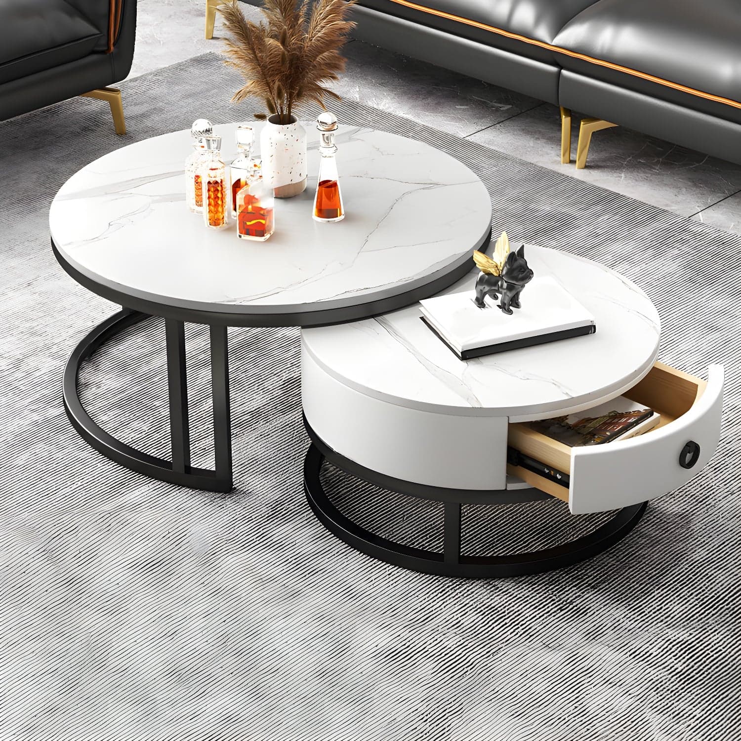 Modern Nesting Coffee Table Set Frame Round Coffee Table Set with Drawer - image 5
