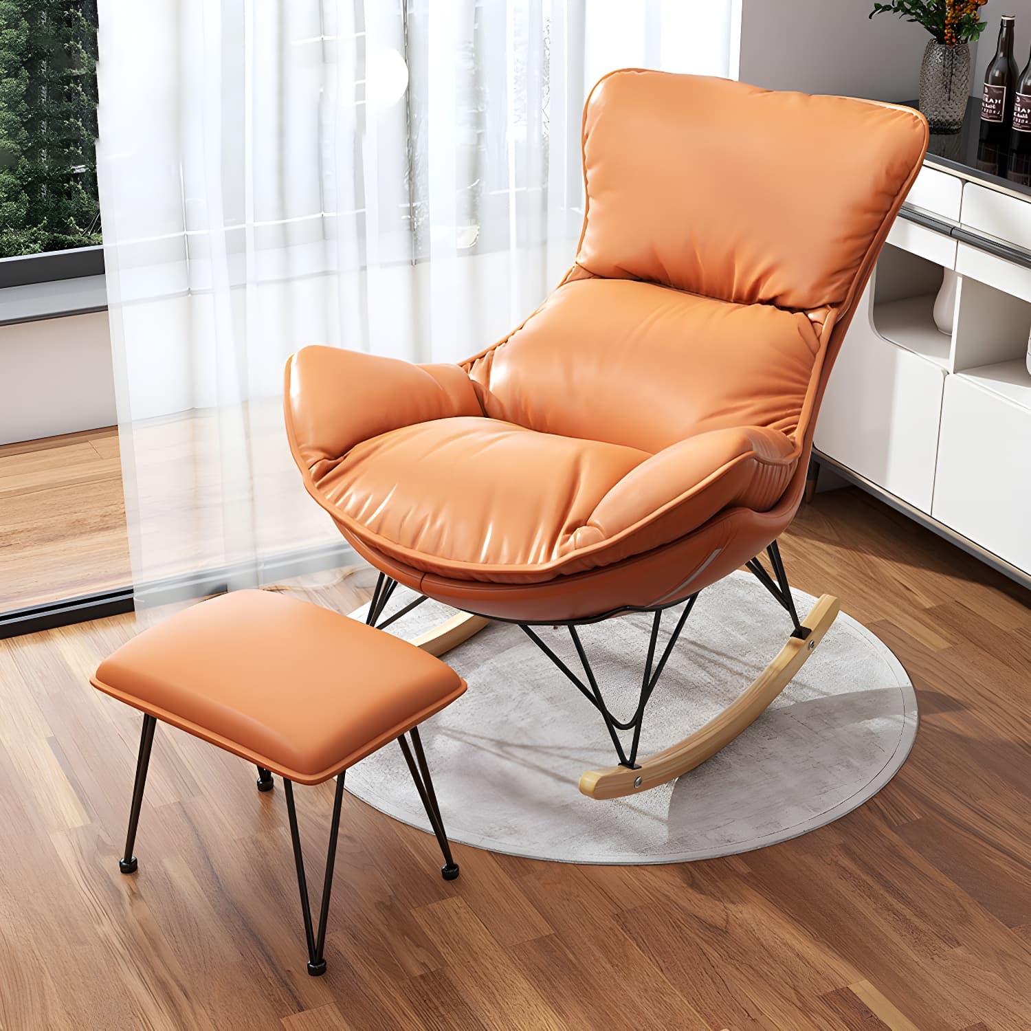 Wing Back Rocking Chair Solid Wood Rocker Chair with Ottoman - image 8