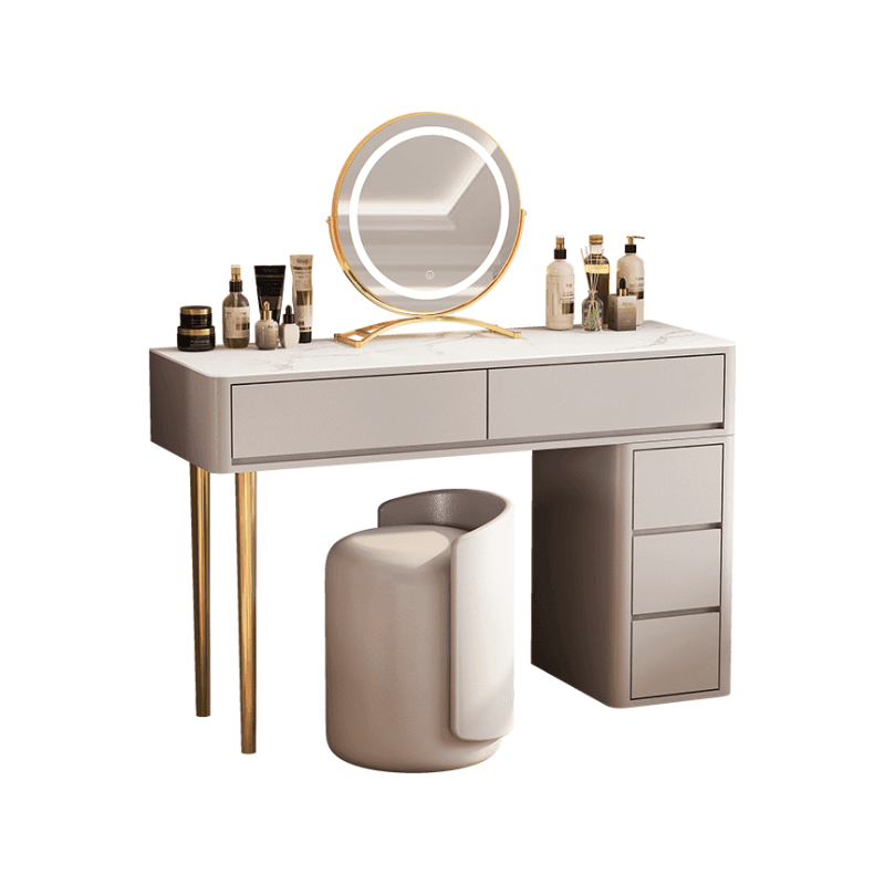 Vanity Set with Stone Table Top, Light Gray Upholstered Chair, 5 Drawers, Mirror Lights, and Push-Pull Lighting - image 6