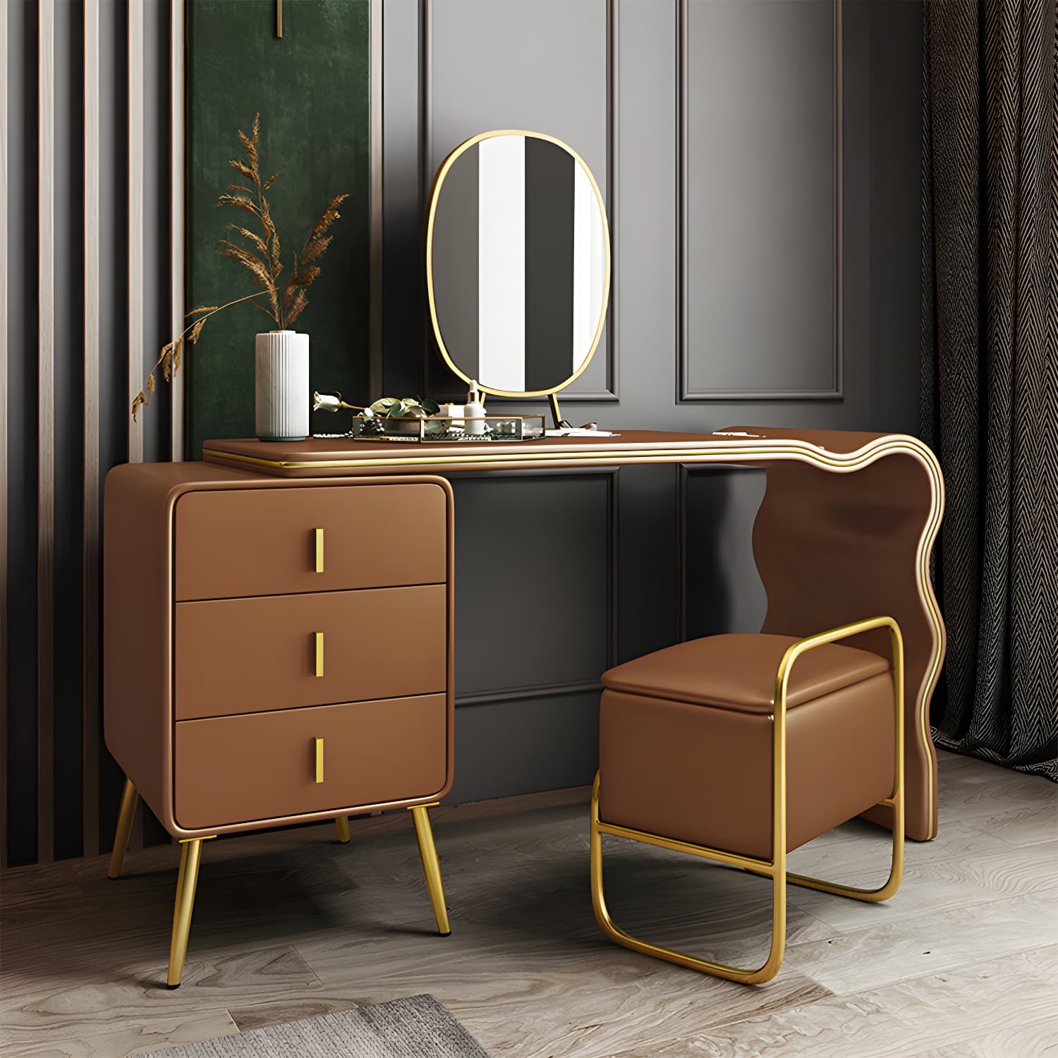 3 Drawers Make-up Vanity Set, 28.74" H Leather Vanity with Stool & Mirror - image 12