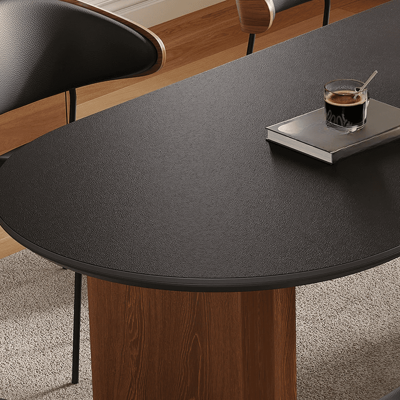 Dining Table Set with Oval Slate Stone Top and Two-sided Pedestal, Featuring Padded Chair with Back in Midnight Black - image 5
