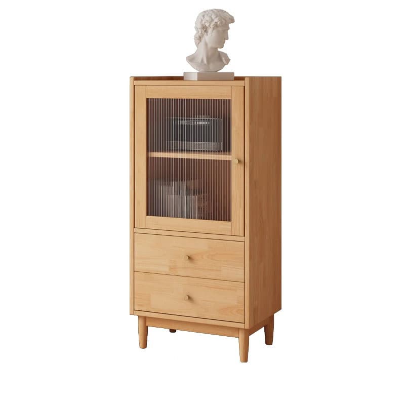 Scandinavian Solid Wood Accent Cabinet with Glass Door, 1 Cabinet and 2 Drawers for Living Room