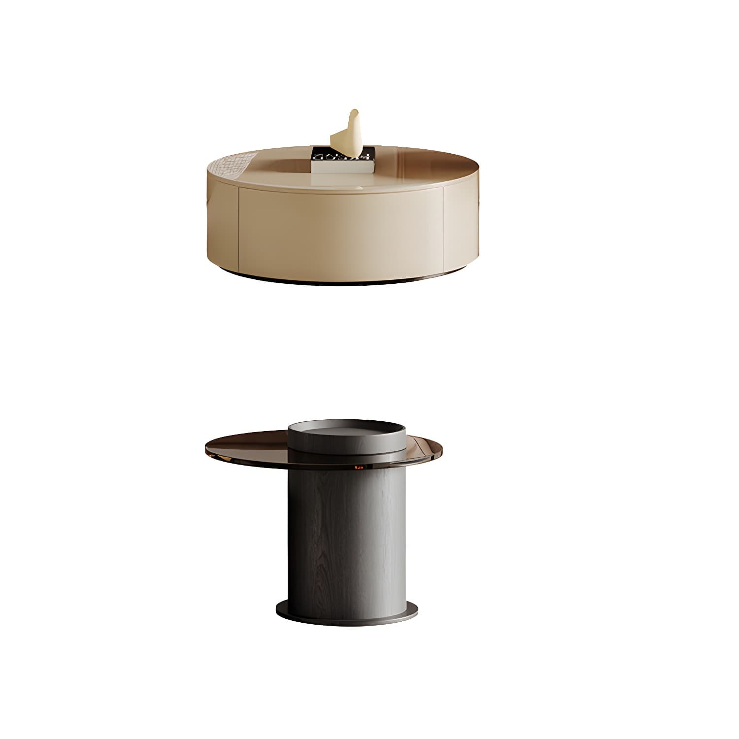 Modern Round Coffee Table with Metal Drum Base and 2 Drawers - image 10