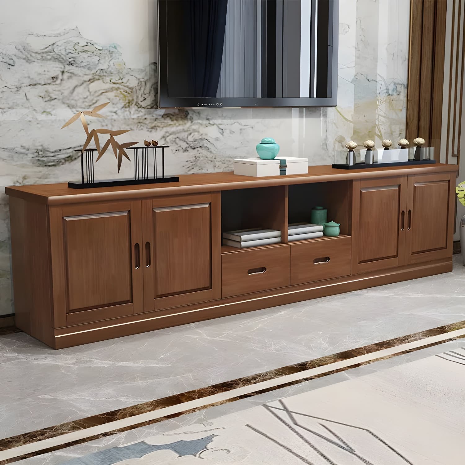 Traditional Solid Wood TV Console Open Storage TV Stand with Cabinet - image 4