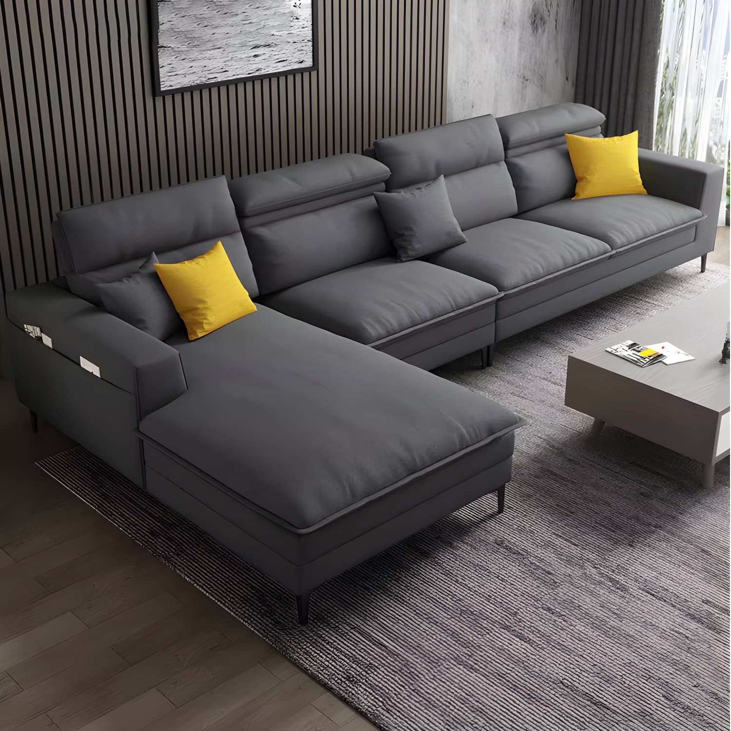 Modern Wood Frame Stationary Sectional Sofa with Black Legs and Storage in Cotton Blend Upholstery - image 6
