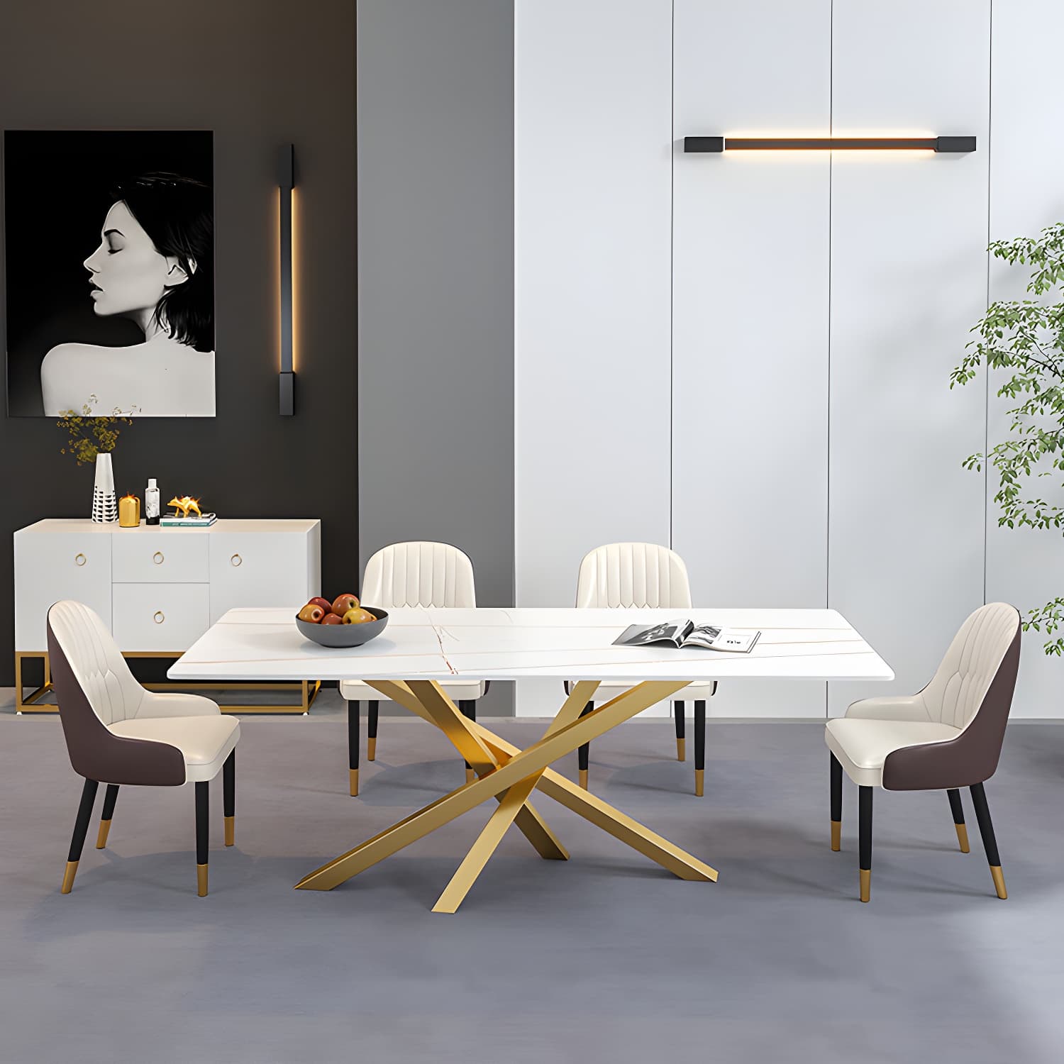 Luxury Sintered Stone Top Dining Table Rectangle Table with Metal Pedestal - image 8
