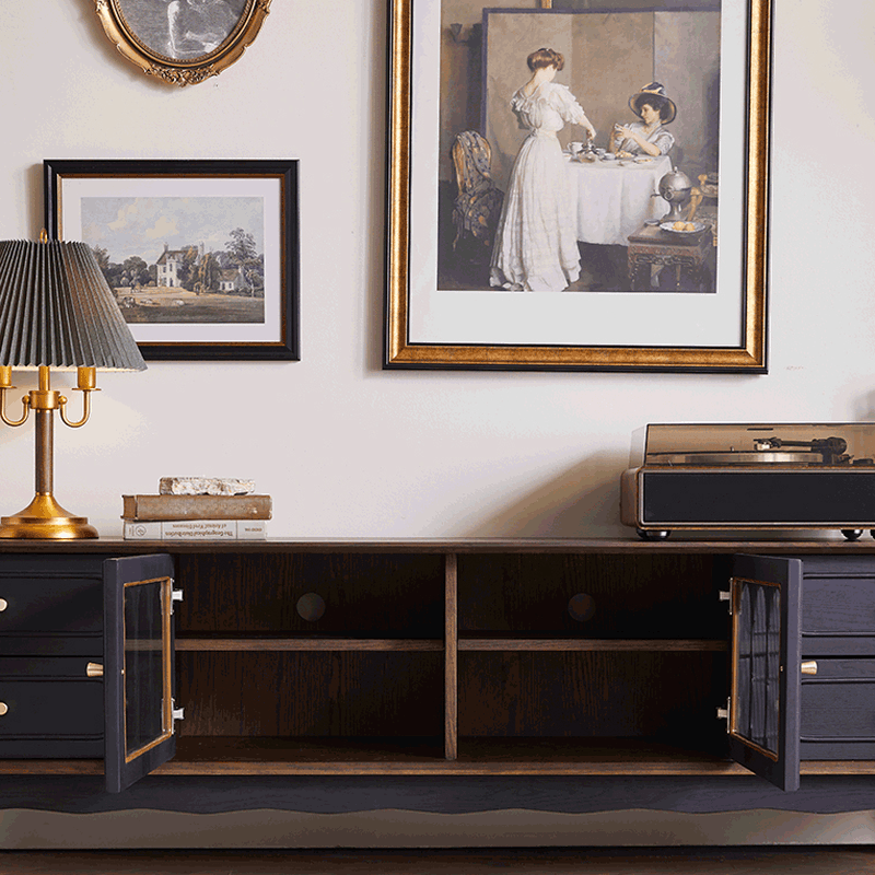 Pecan Art Deco Natural Wood TV Stand with 4 Drawers, Locker, Cable Management, and Adjustable Shelving - image 5
