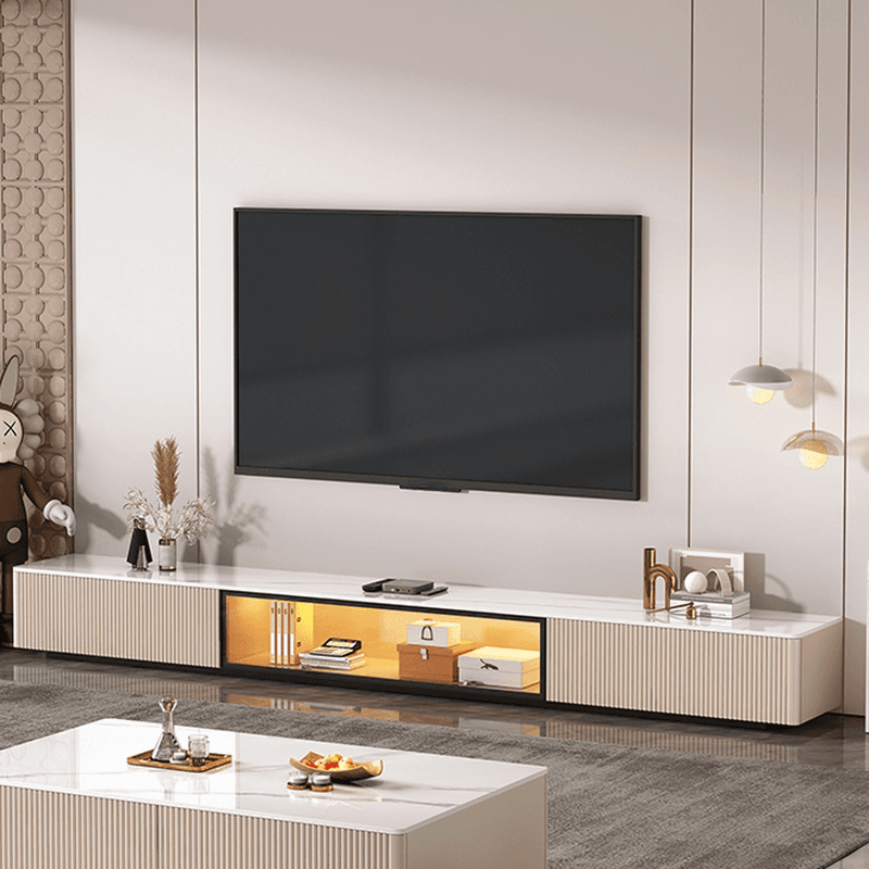 Art Deco Sintered Stone Rectangular TV Stand with 2 Drawers, Hutch, Cable Management, and Light - image 5