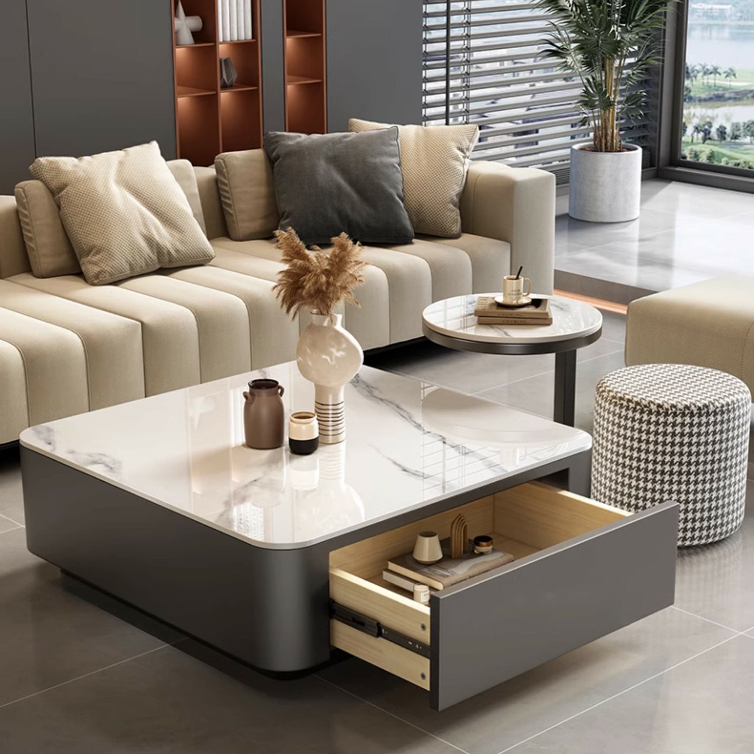 Modern Square Stone Coffee Table Set with Black Metal Block Base and Storage Drawers - image 12