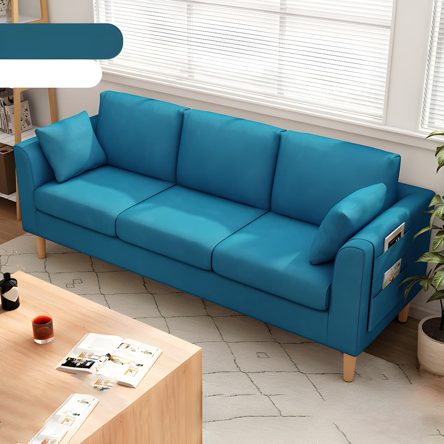 Scandinavian 3 Seater Sofa with Pillows Back and Tuxedo Arm and Solid Wood Legs - image 3
