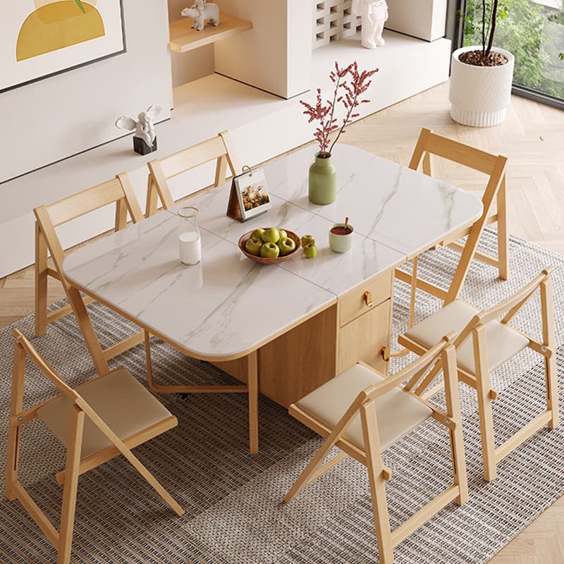 Scandinavian Folding Dining Set in Light Wood with Upholstered Chairs and Extendable Table