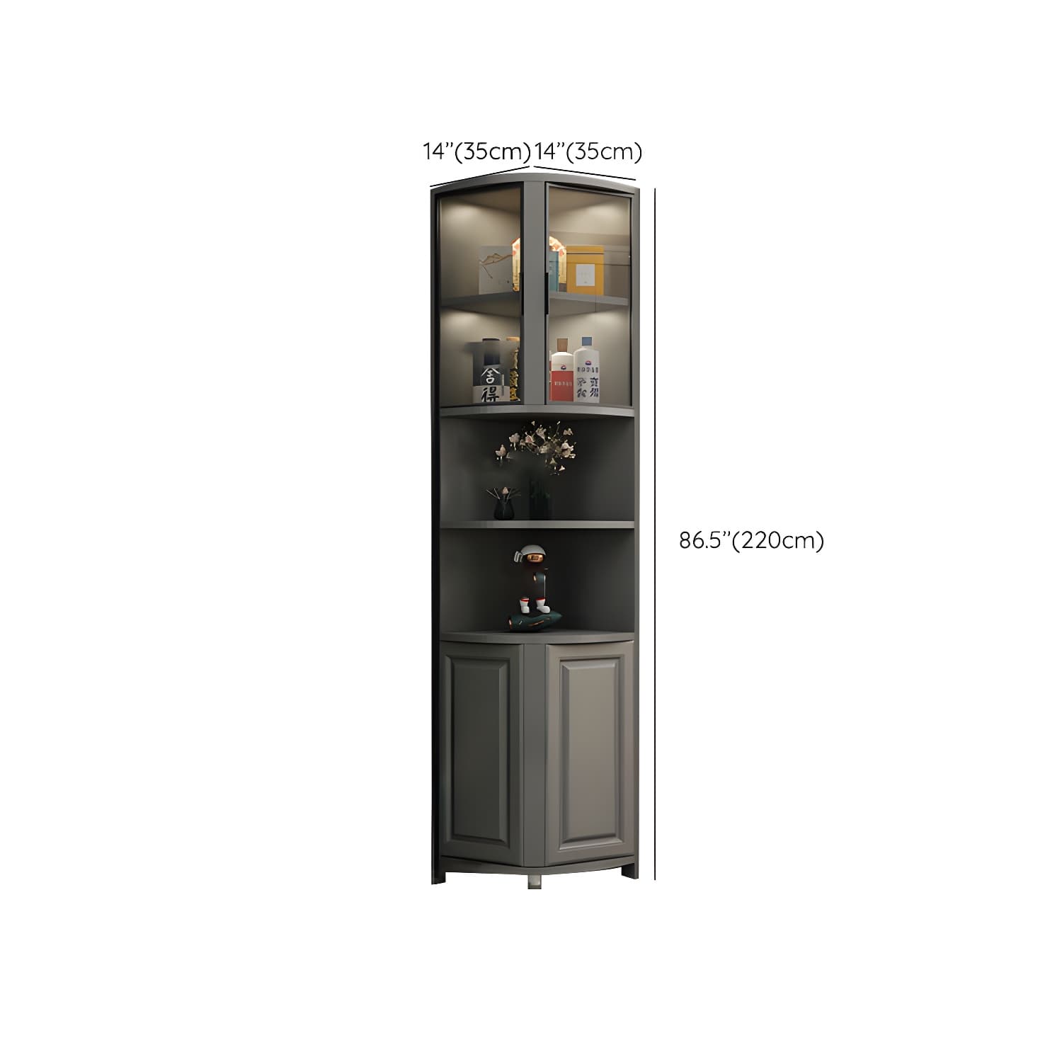 Gray Corner Accent Cabinet with Glass Doors and 8 Interior Shelves - image 22