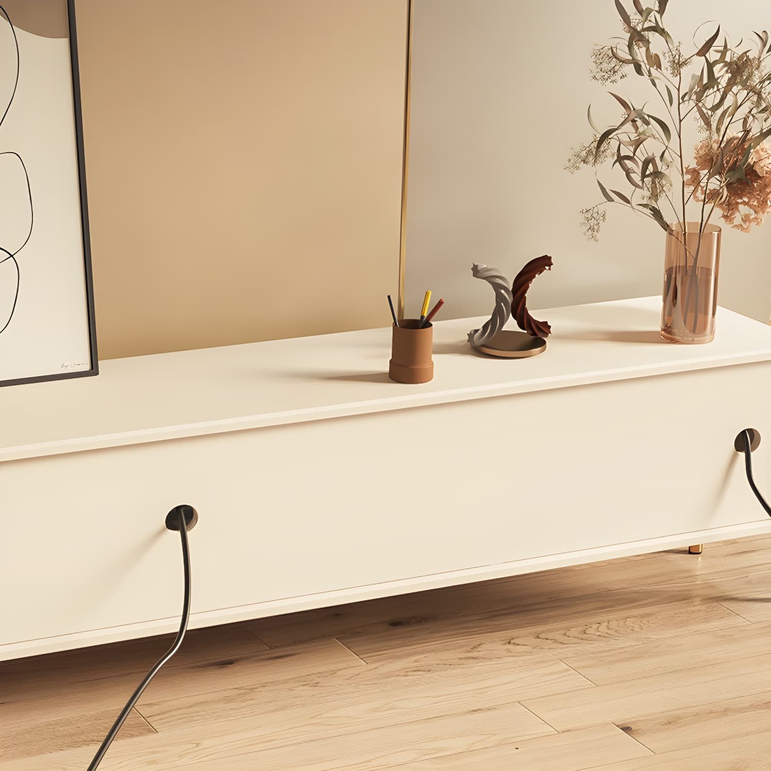 White Cable Management TV Console Modern Engineered Wood Media Console - image 7