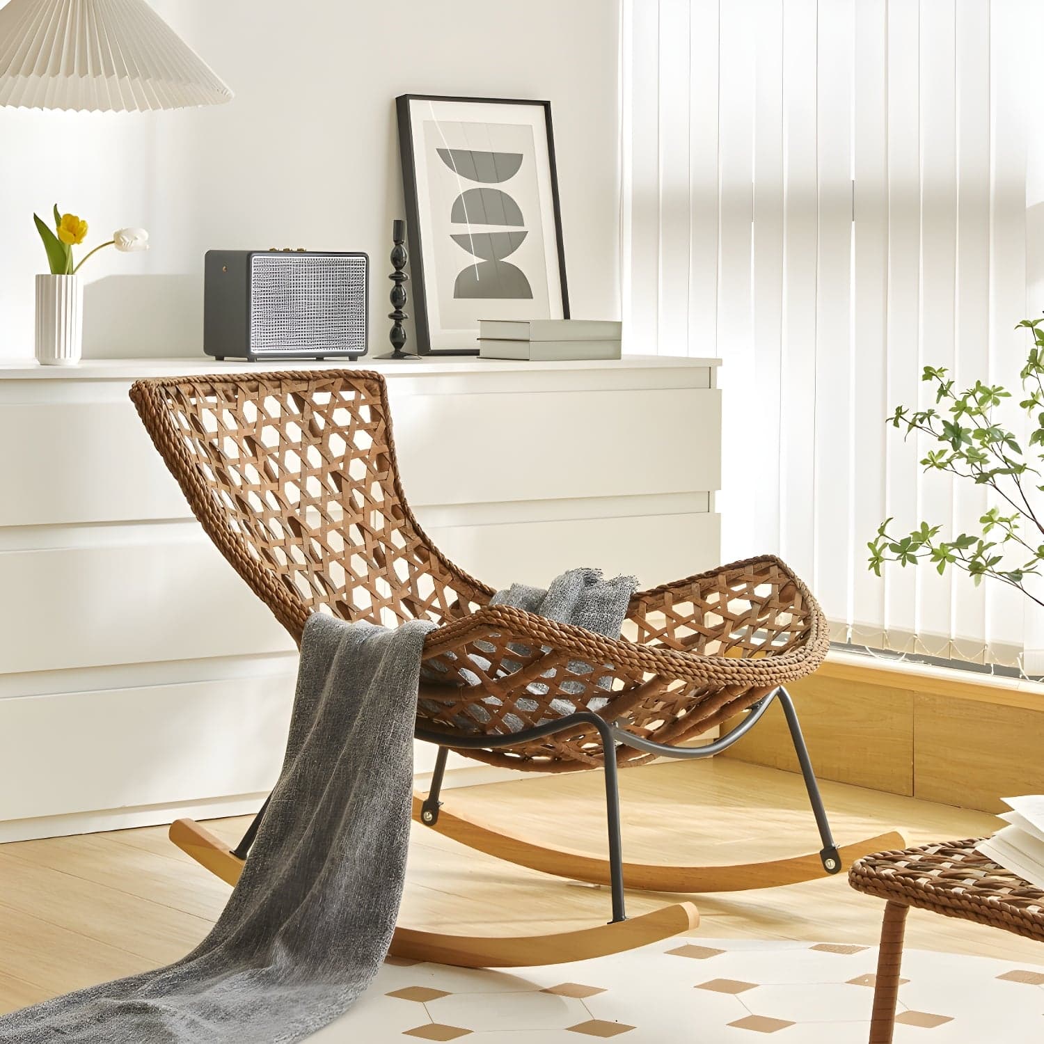 Rattan Brown Frame Rocking Chair Solid Wood Armless for Outdoor - image 3