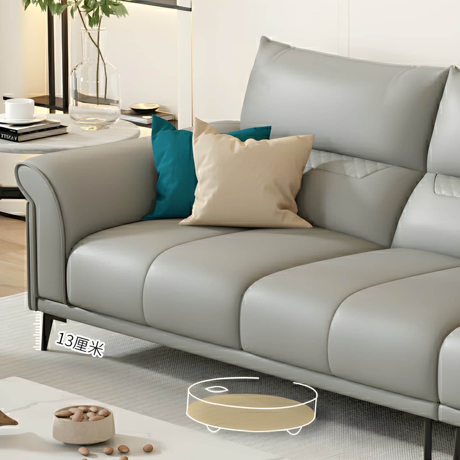 Modern Gray Genuine Leather Stationary Sectional Sofa with Flared Arms - image 6