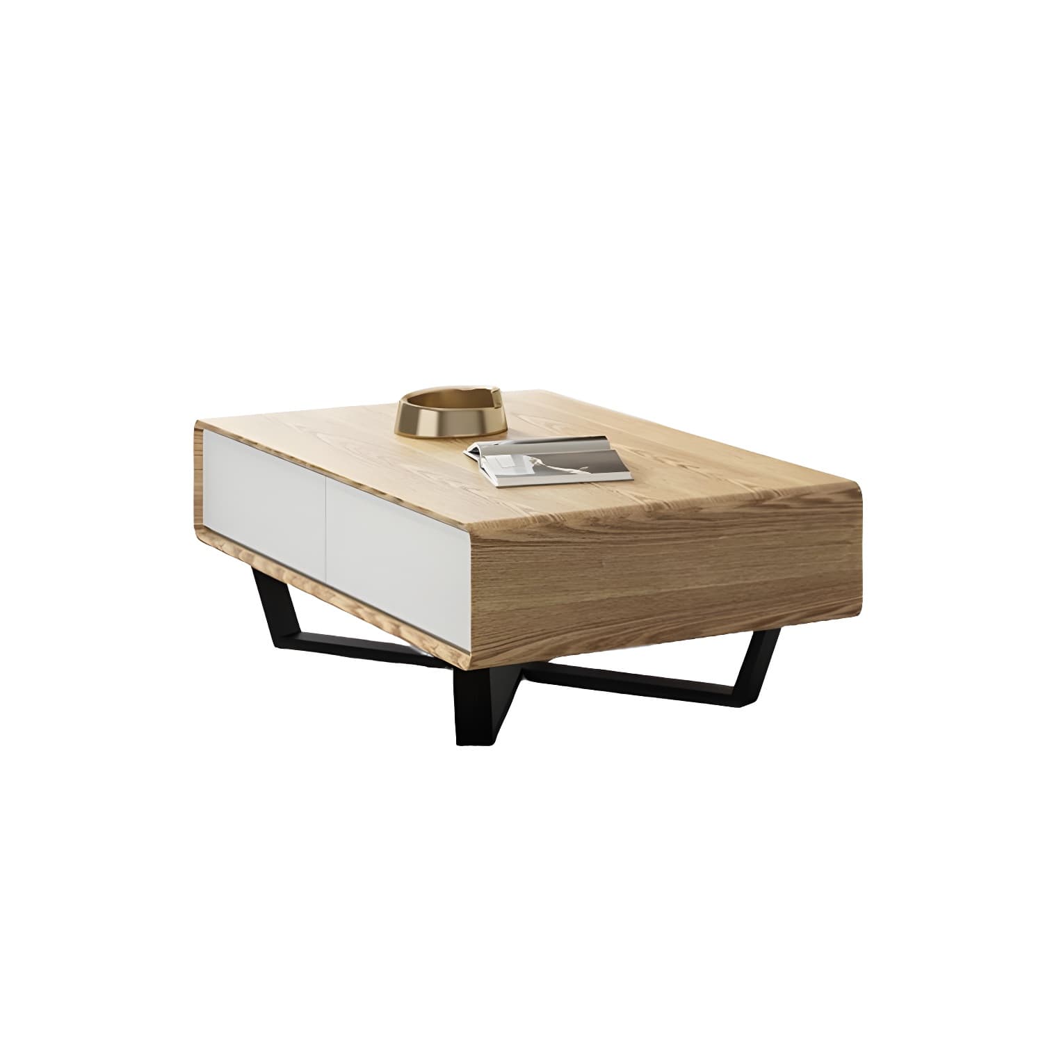 Rectangular Wood Modern Coffee Table with Black Metal Cross Legs and Storage Drawers - image 12