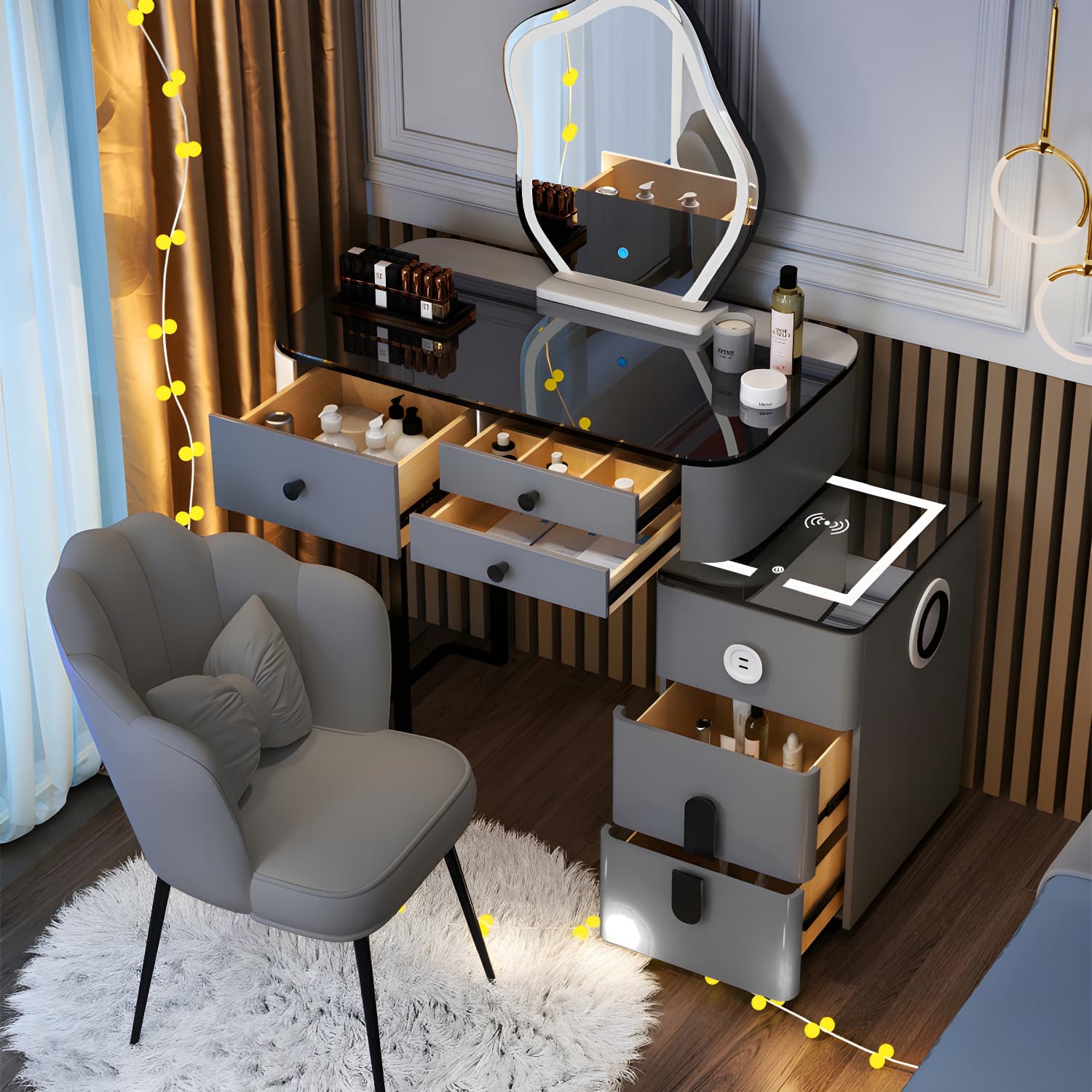 Lighted Mirror Glass Top Makeup Vanity Dressing Table Stool Set with Drawers - image 3