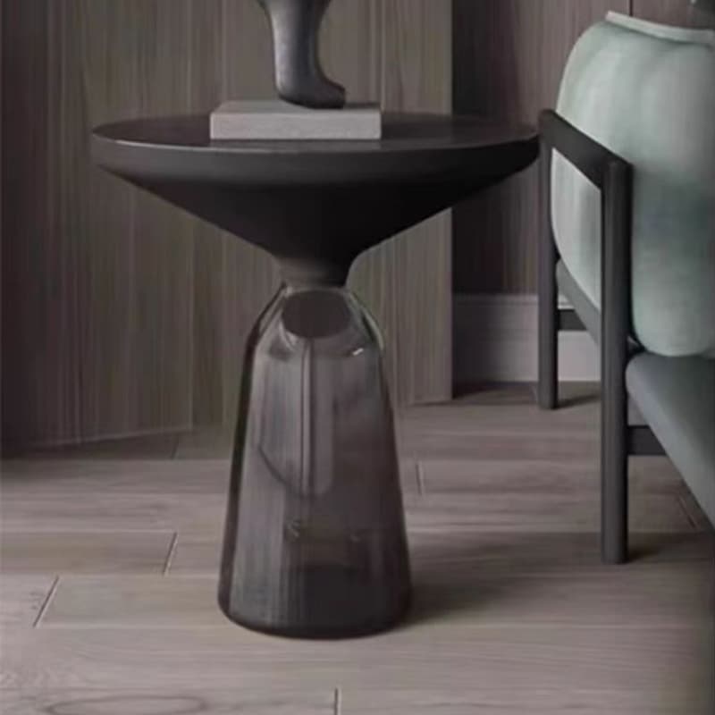 Small Size Modern Round Black Glass Coffee Table - Pedestal Base, Non-Upholstered