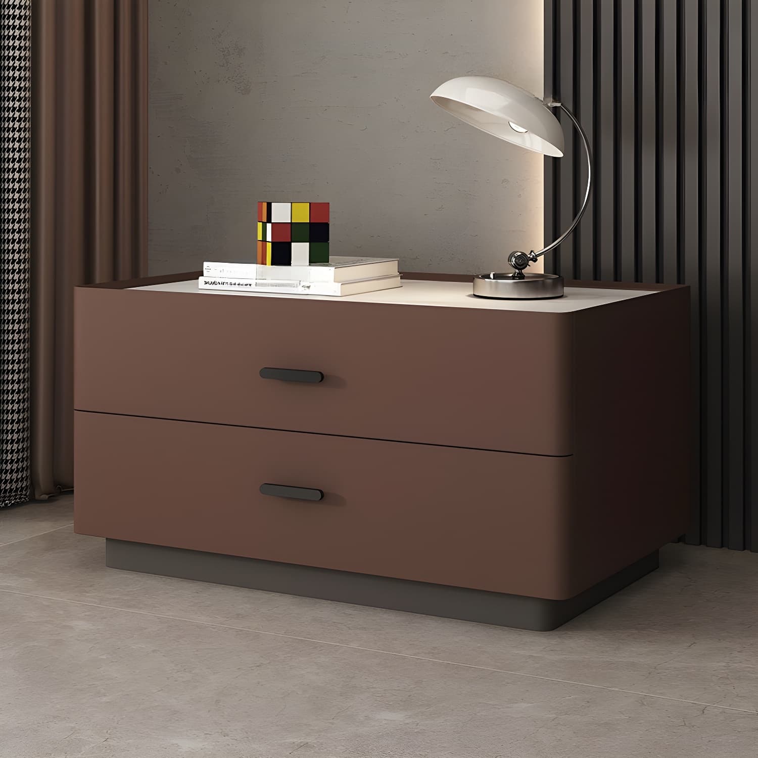 Elegant Two-Drawer Faux Leather Nightstand with Stone Countertop in Low Height for Modern Homes
