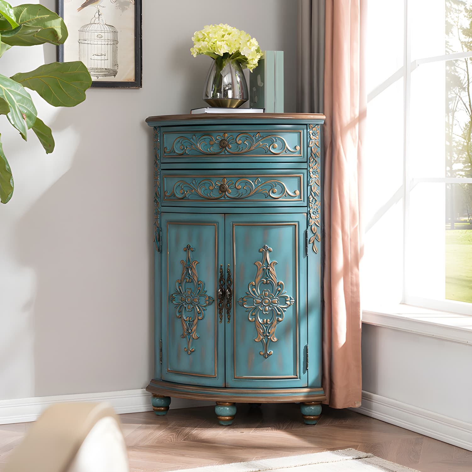 Rustic Corner Accent Cabinet with Wood Counter Top, Drawers, and Cabinet, Small Size