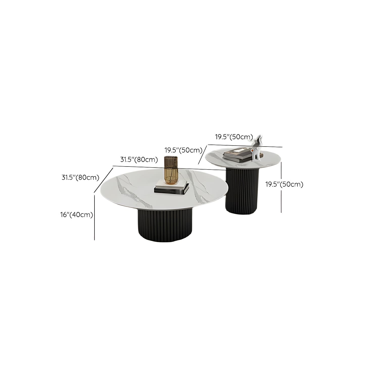 Set of Two Modern Round Black Coffee Tables with White Stone Tops and Iron Pedestal Bases - image 18