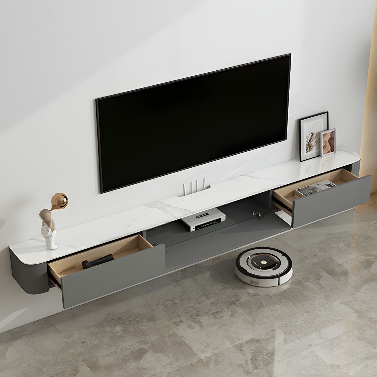 Modern Floating 7.5" H Stone TV Console with Drawers and Cable Management - image 8