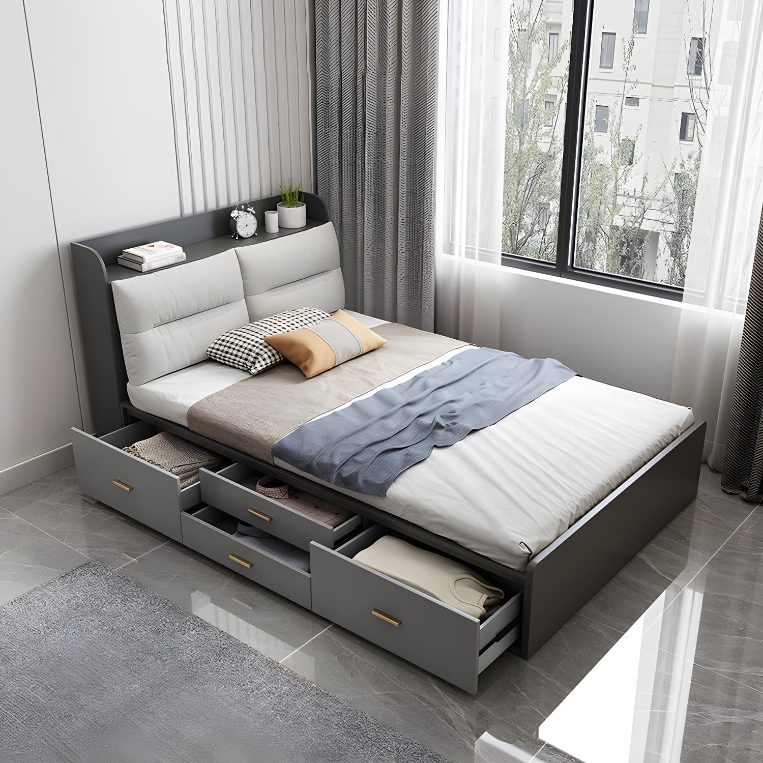 Scandinavian Low Profile Bed with Headboard Upholstered Bed with Drawers - image 11