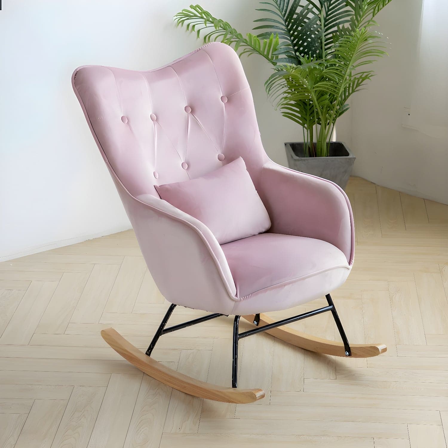 Stylish Modern Upholstered Rocking Chair with Natural Wood Legs and Tufted Back Cushion - image 8