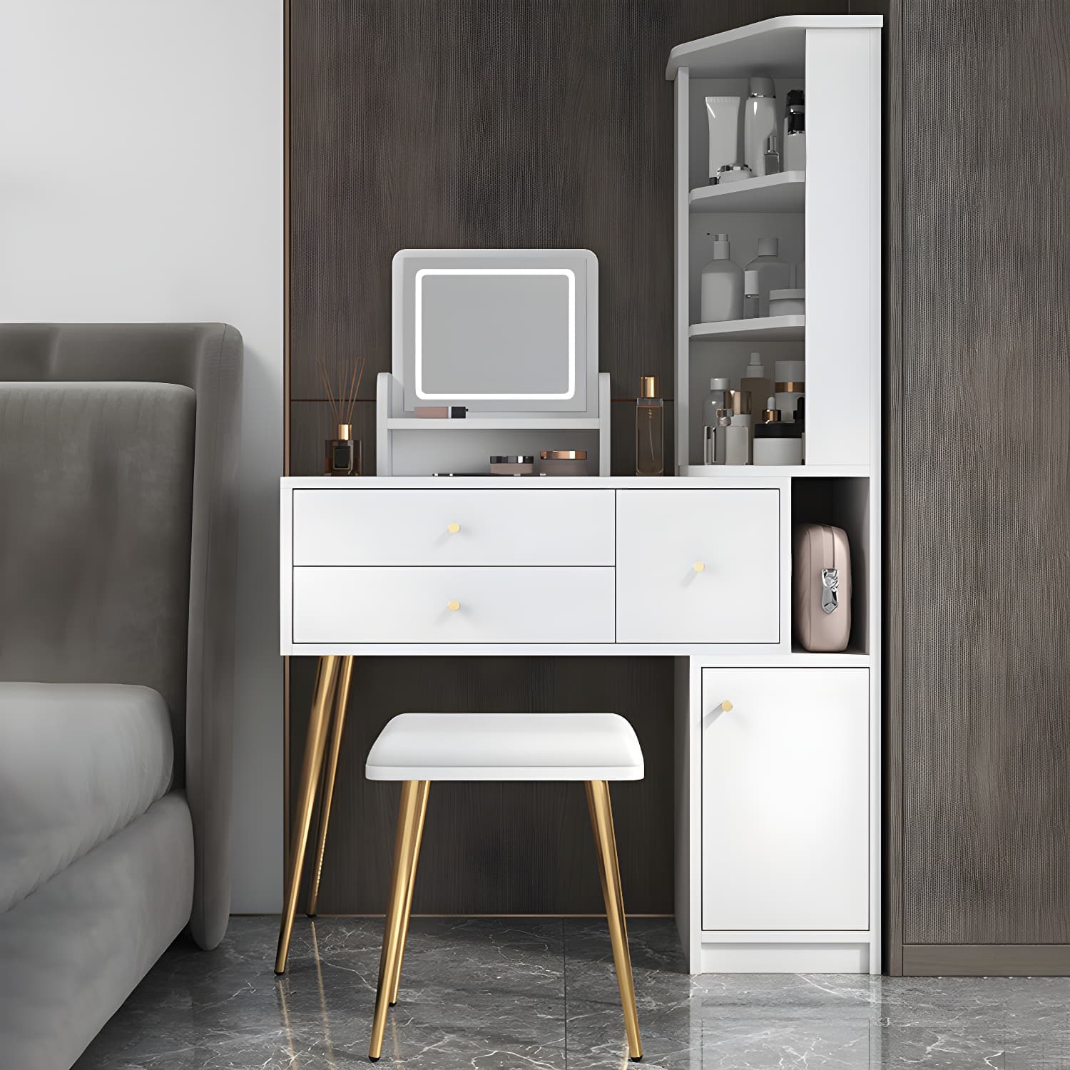 Glam Style Wood-based Material White/grey Dressing Table with Drawers and Storage Shelves - image 3