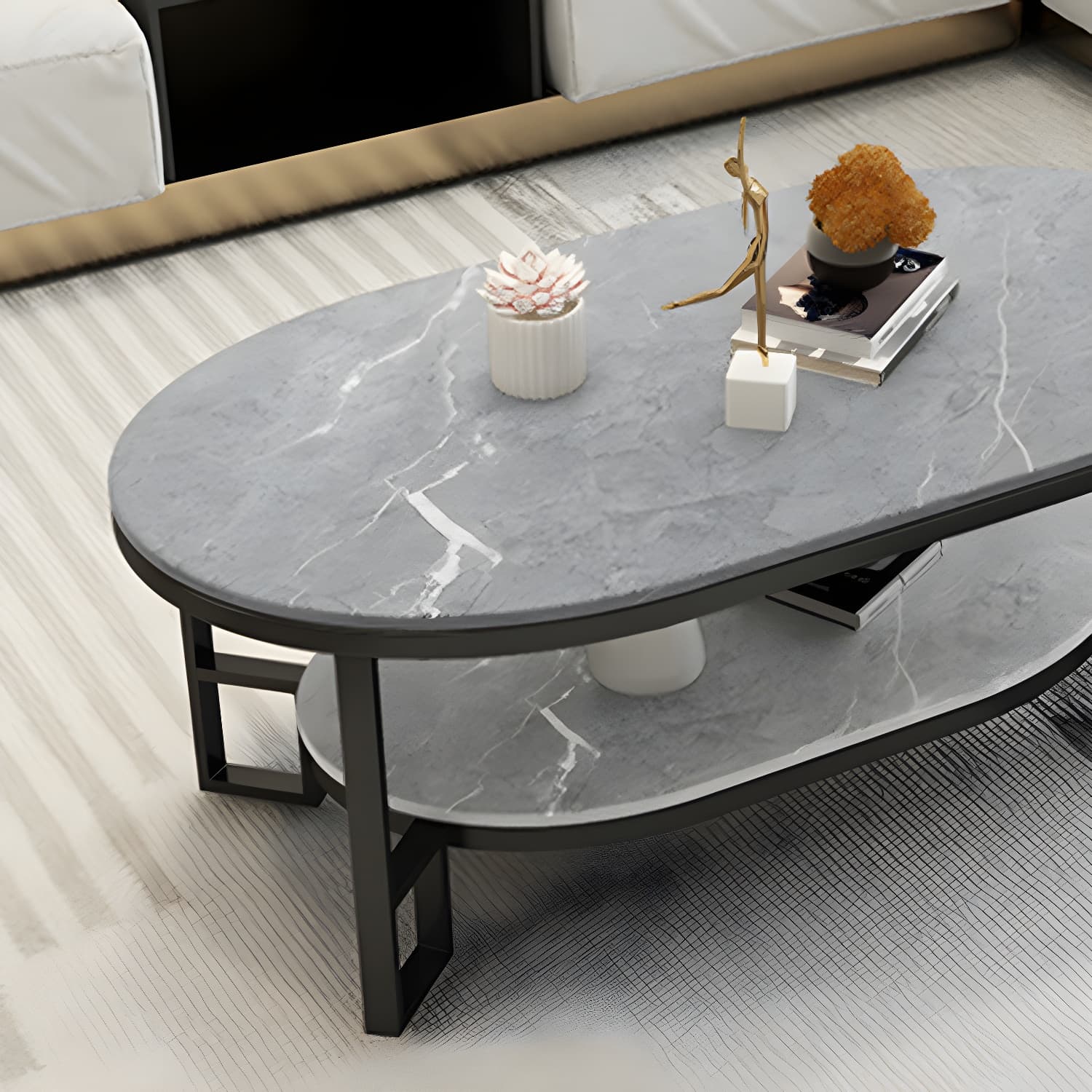 17.72" H Stone/Marble Top Coffee Table Frame Shelf Included Cocktail Table - image 11