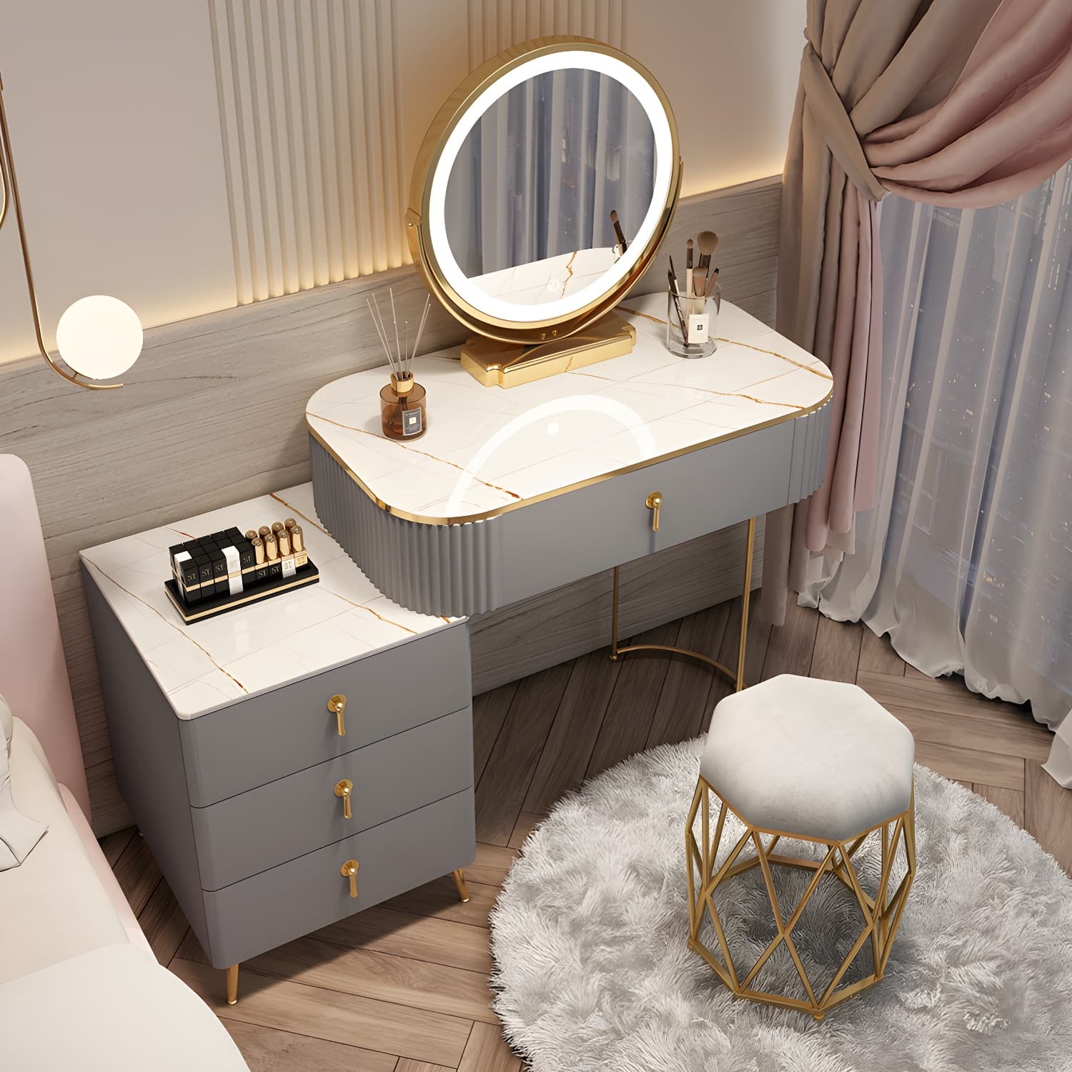 Contemporary Mirrored Wood Top Makeup Vanity Desk White/Gray Dressing Table - image 6