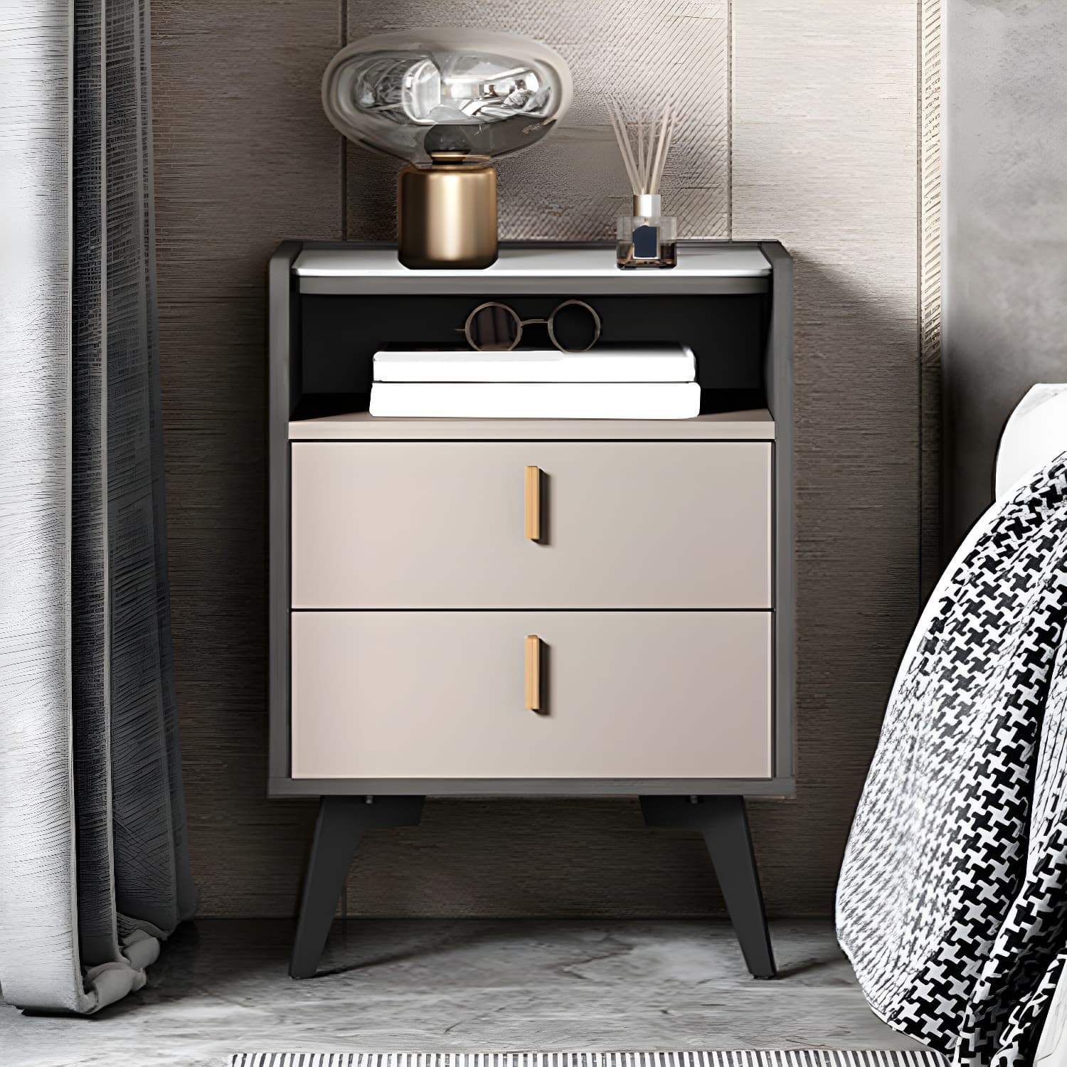 Stone Top Nightstand Modern Open Stoarge Drawer Legs Included Bed Nightstand - image 4