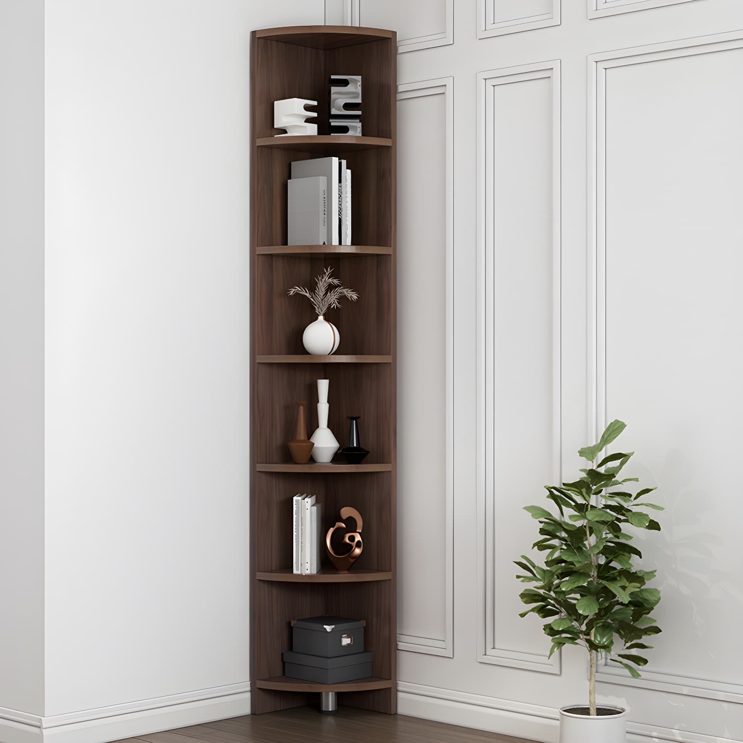 Corner Modern Accent Chest with Wood Counter Top and 6 Open Shelves without Drawers