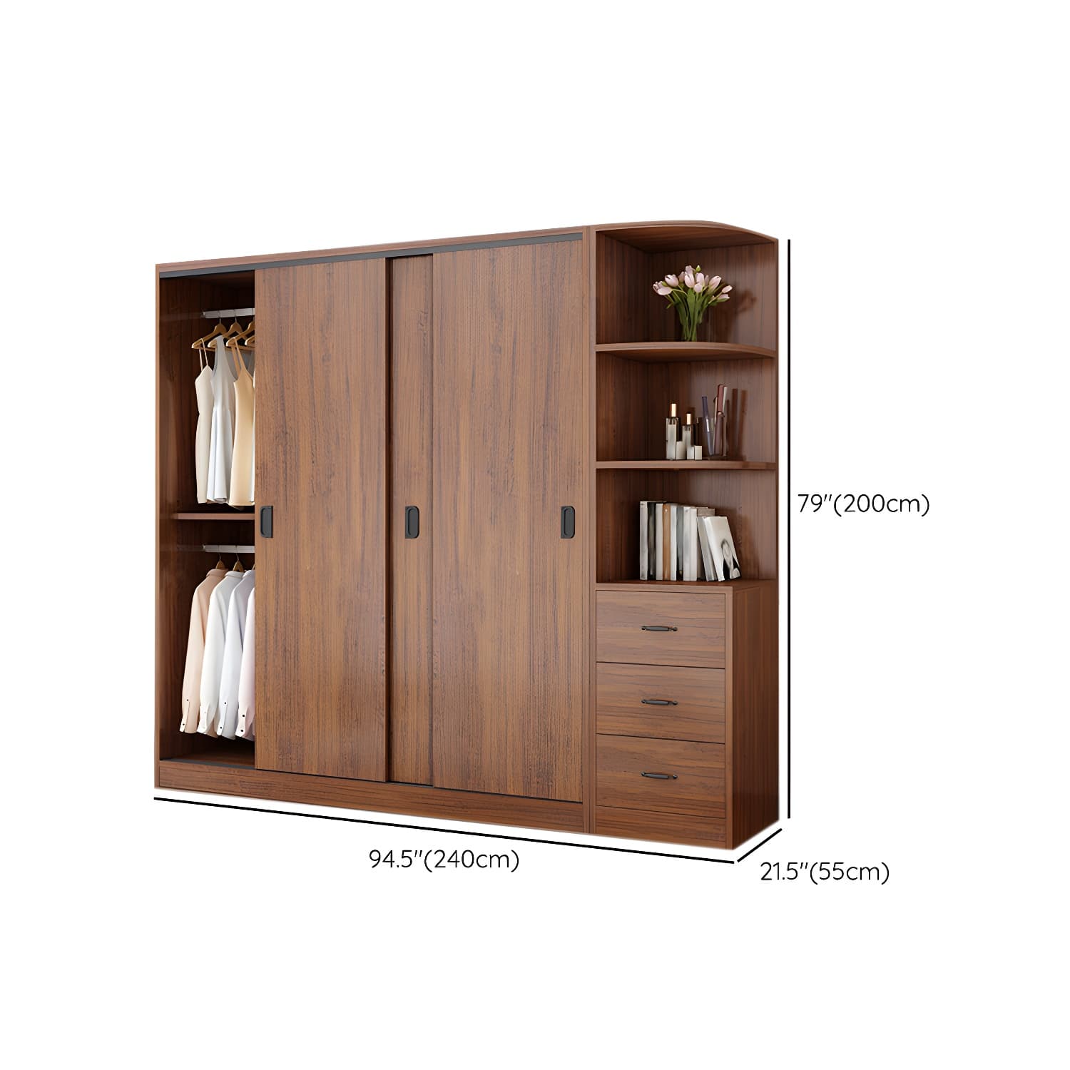 Non-Adjustable Traditional Brown Wood Wardrobe Armoire with Sliding Doors and Soft Close Drawers - image 26