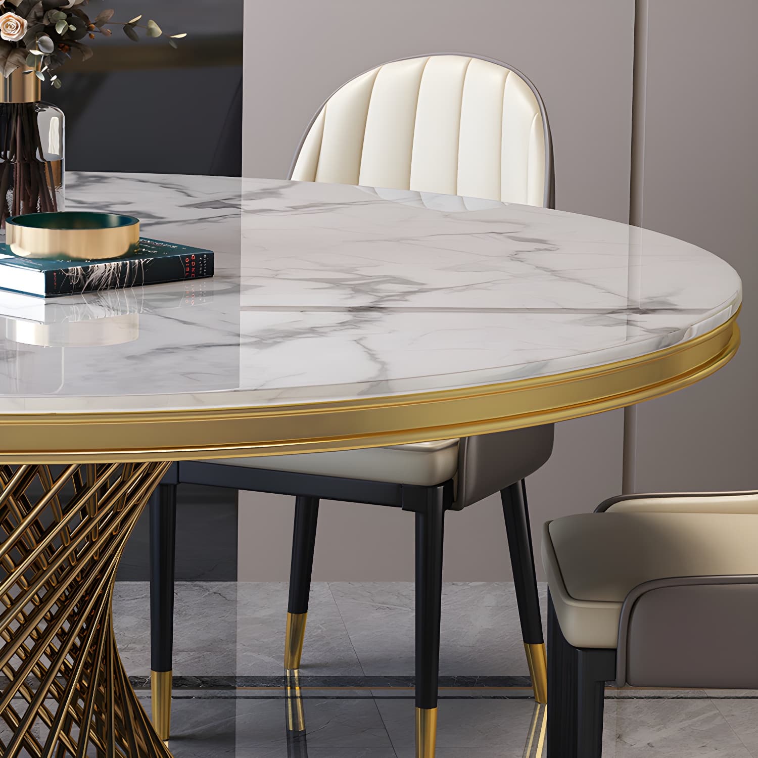 Round White Marble Modern Dining Table with Gold Steel Pedestal Base - image 9
