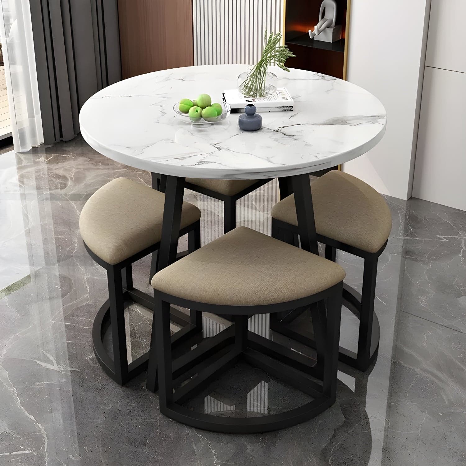 Round White Wood Tone Modern Dining Set with Metal Pedestal Base - Seats 4 - image 5