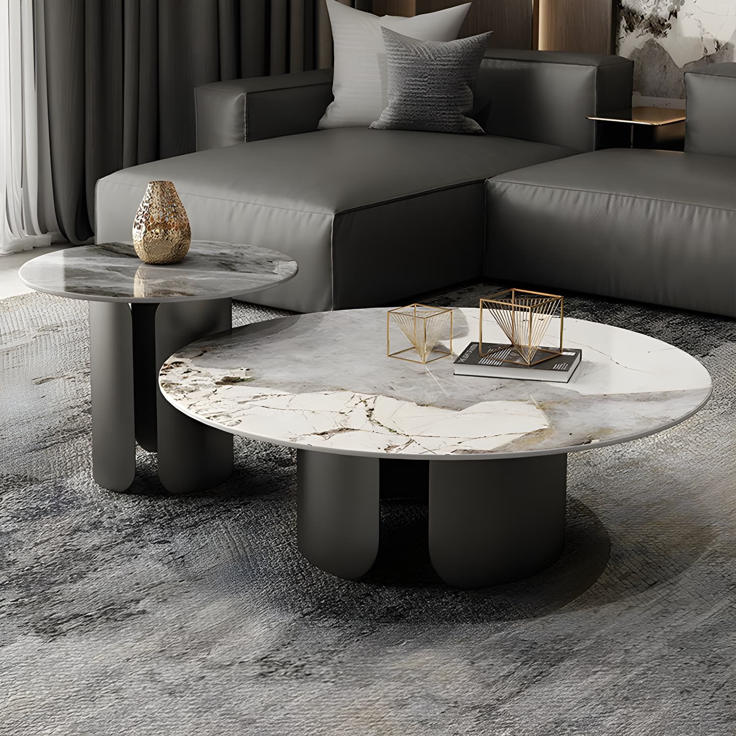 Chic Modern Round Beige Stone Top Coffee Table with Industrial Iron Base - image 6