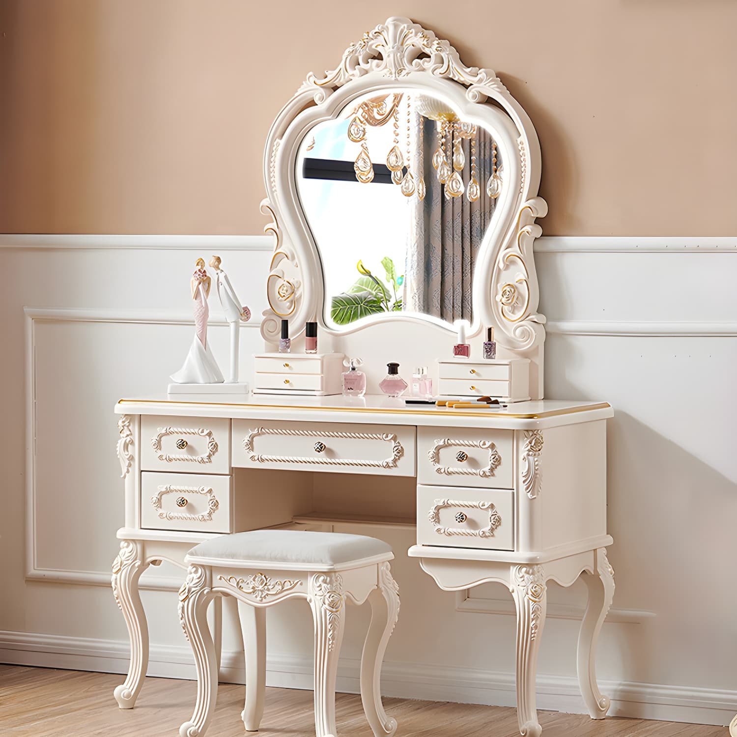 White Victorian Wood Vanity Dressing Table with Drawers Mirrored Makeup Vanity