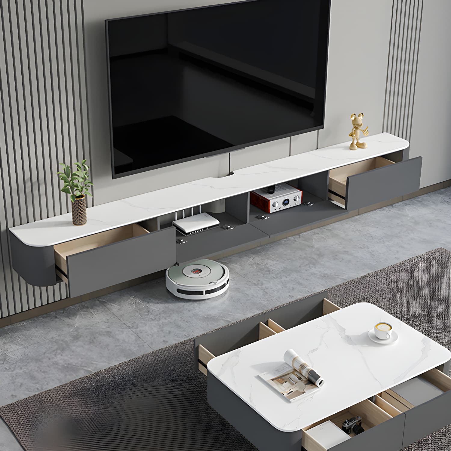 Contemporary Wall-mounted TV Media Stand Wood Frame Slate Top with Storage - image 4