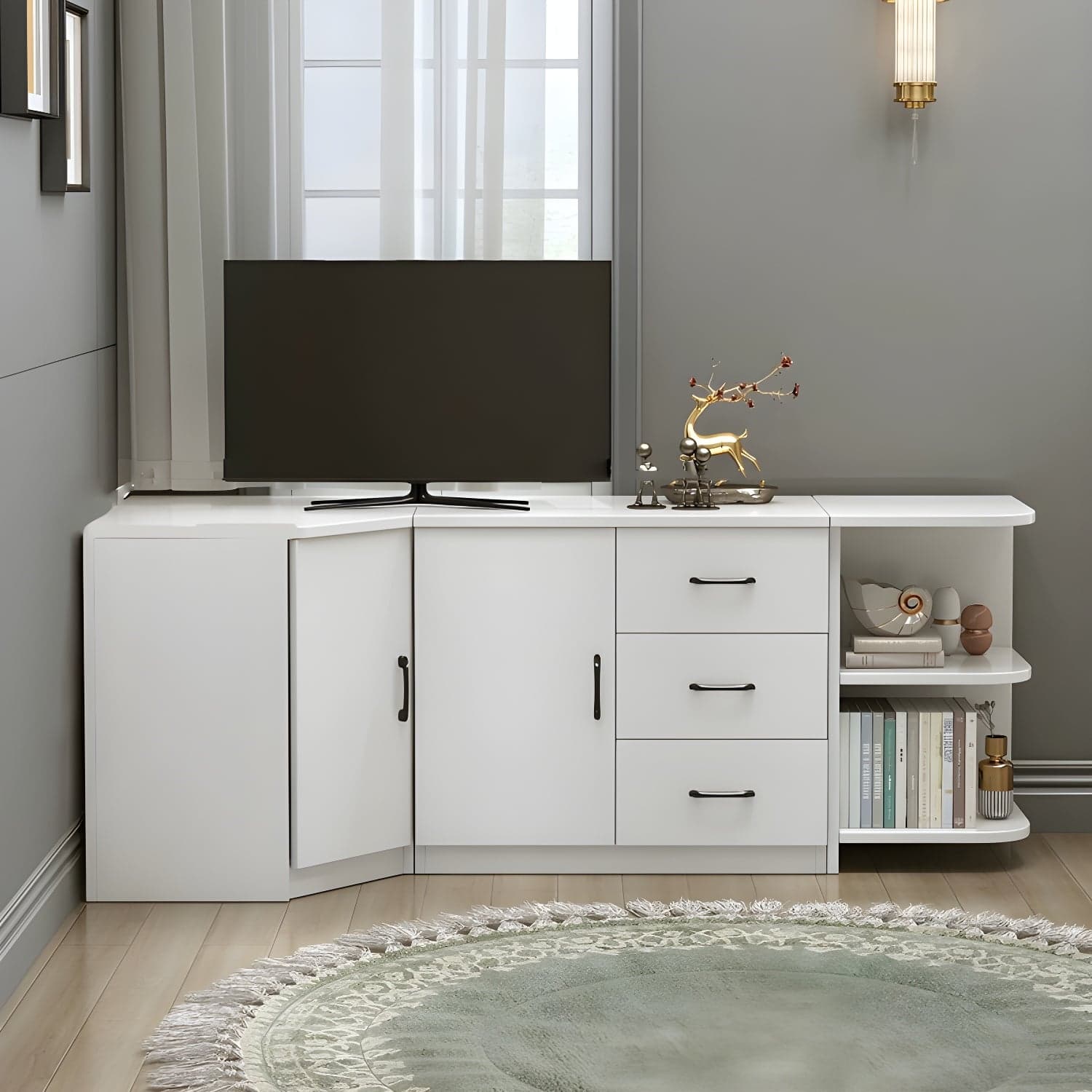Modern Solid Wood Corner TV Stand Console with Storage Drawers & Shelves - image 3
